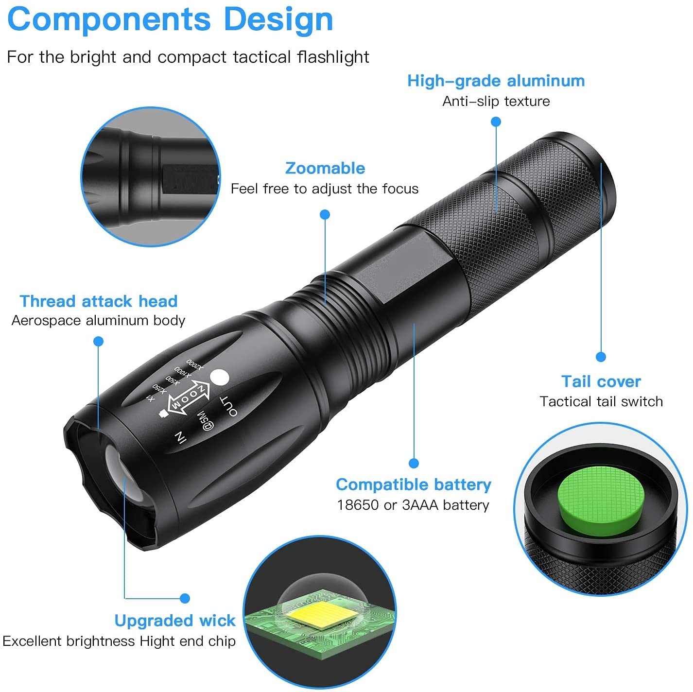 Rechargeable Professional LED Flashlight 5 Mode Zoomable