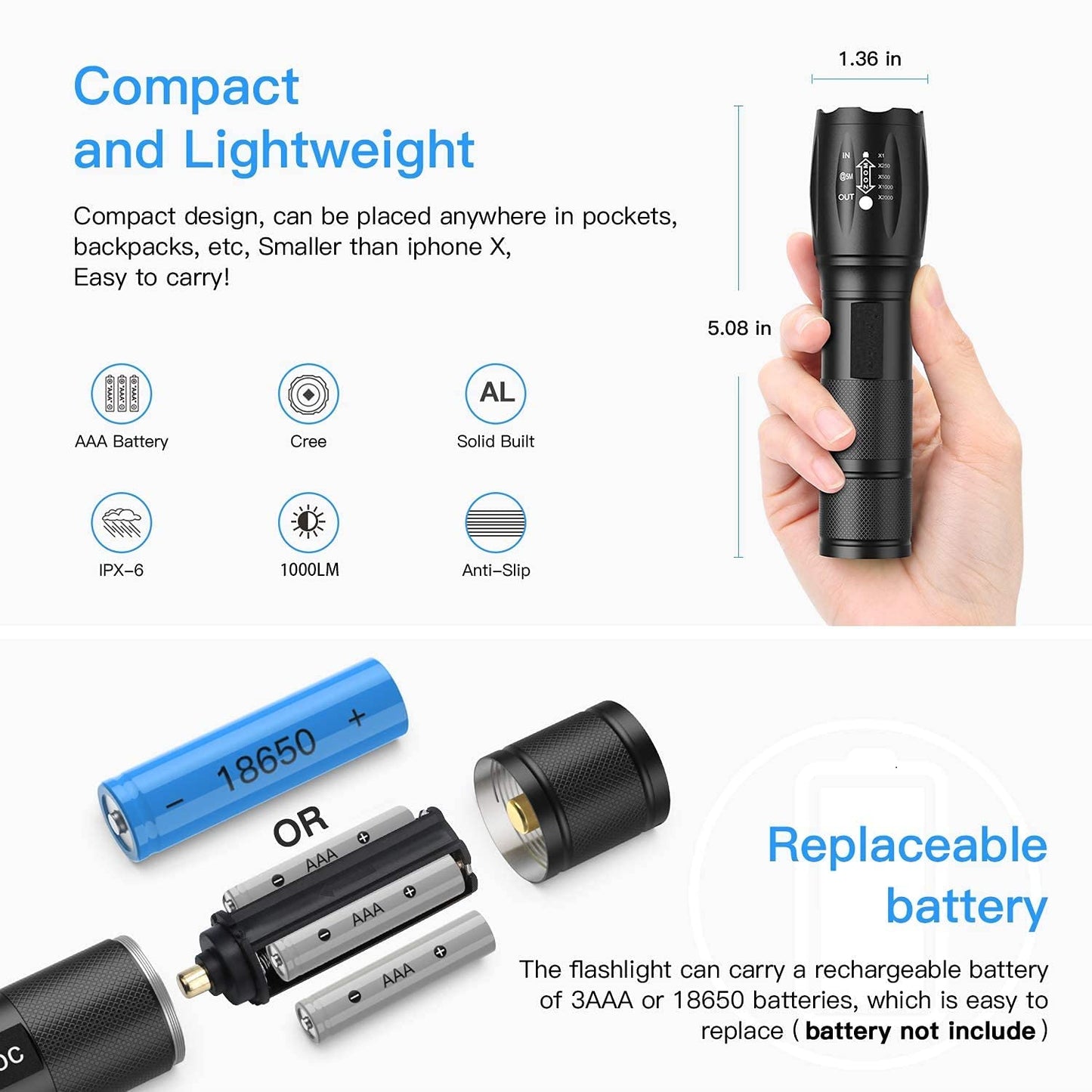 Rechargeable Professional LED Flashlight 5 Mode Zoomable
